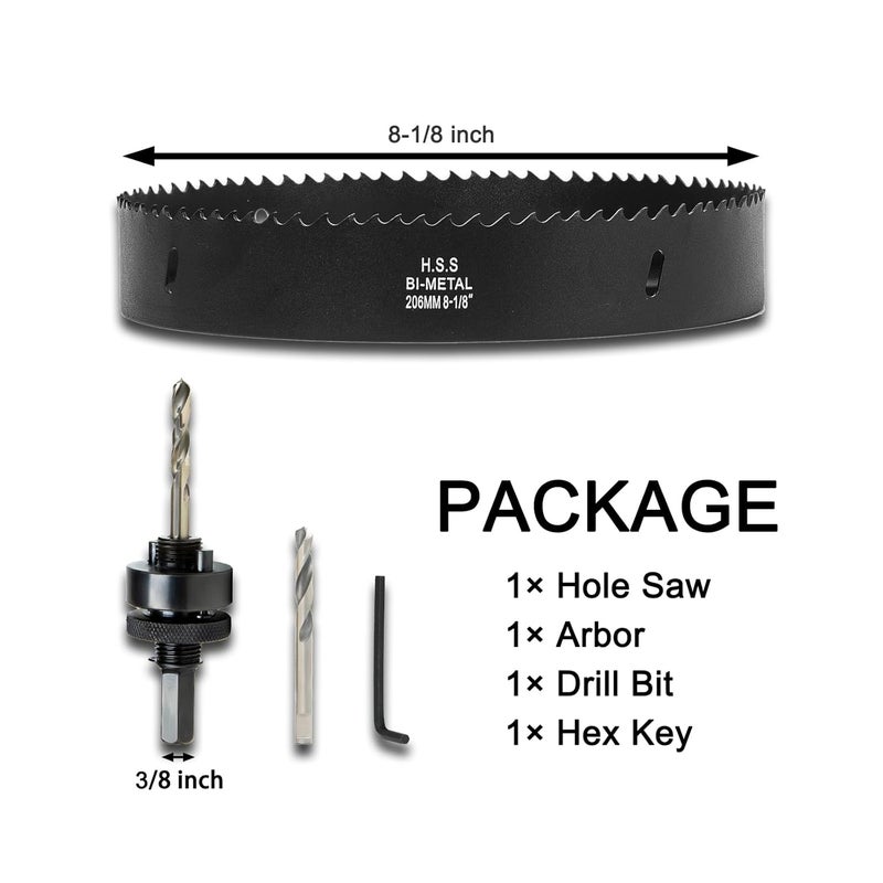 VIKITON 8-1/8 Inch Hole Saw with Arbor for Wood Metal Plastic, 8.1 in Bimetal Hole Cutter, Fast Chip Removal, Smooth Flat Drilling Edge, Lightweight & Portable (Black) - Image 3